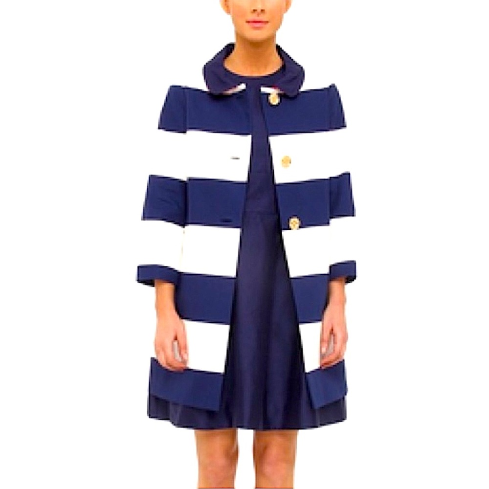 Kate Spade New York Striped Franny Coat with Back Bow in Blue & White NWT